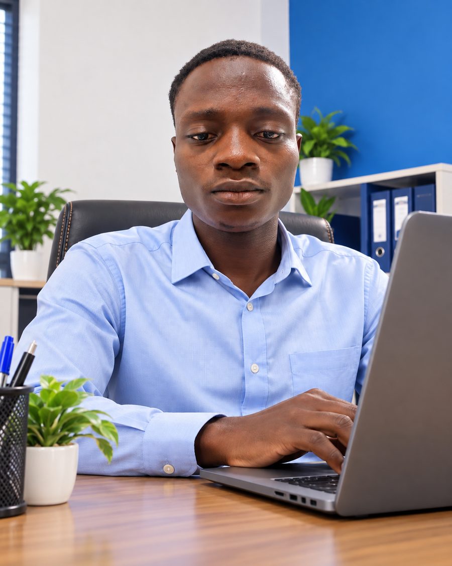 Darius Sohoundjo au travail devant son ordinateur portable dans un bureau
