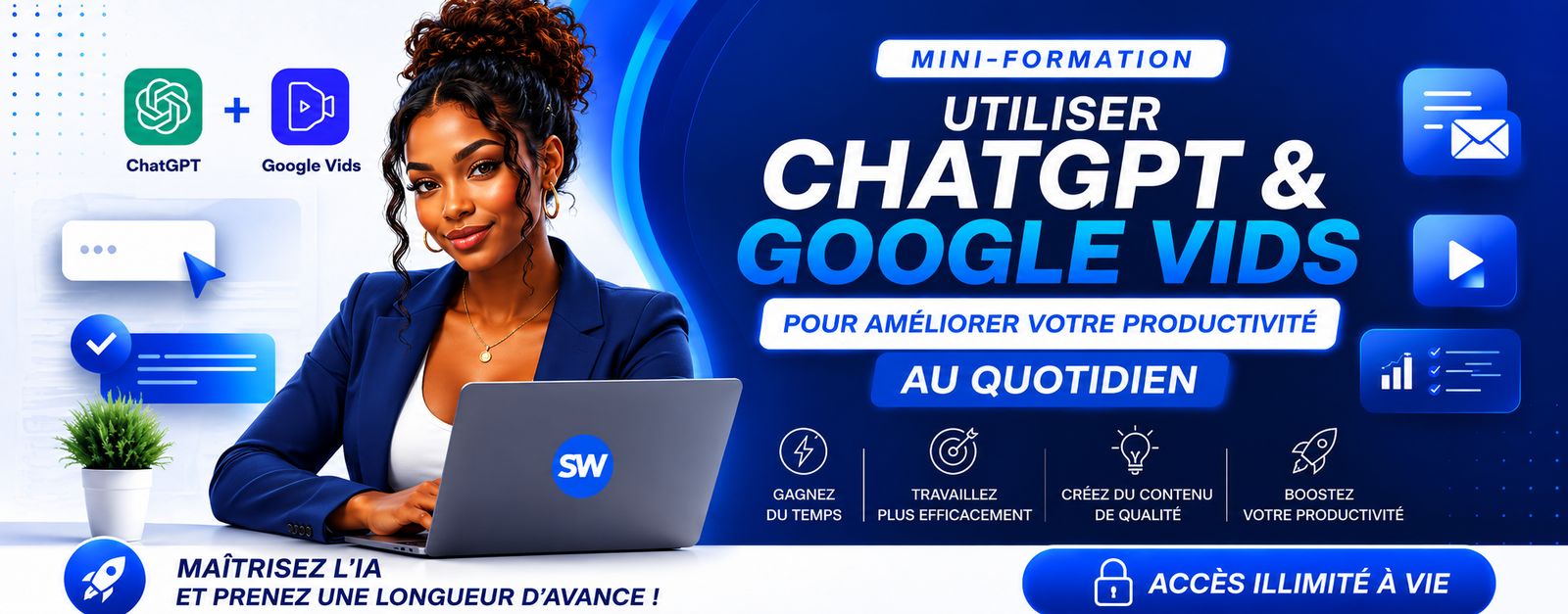 Bannière de la mini-formation ChatGPT et Google Vids pour améliorer sa productivité