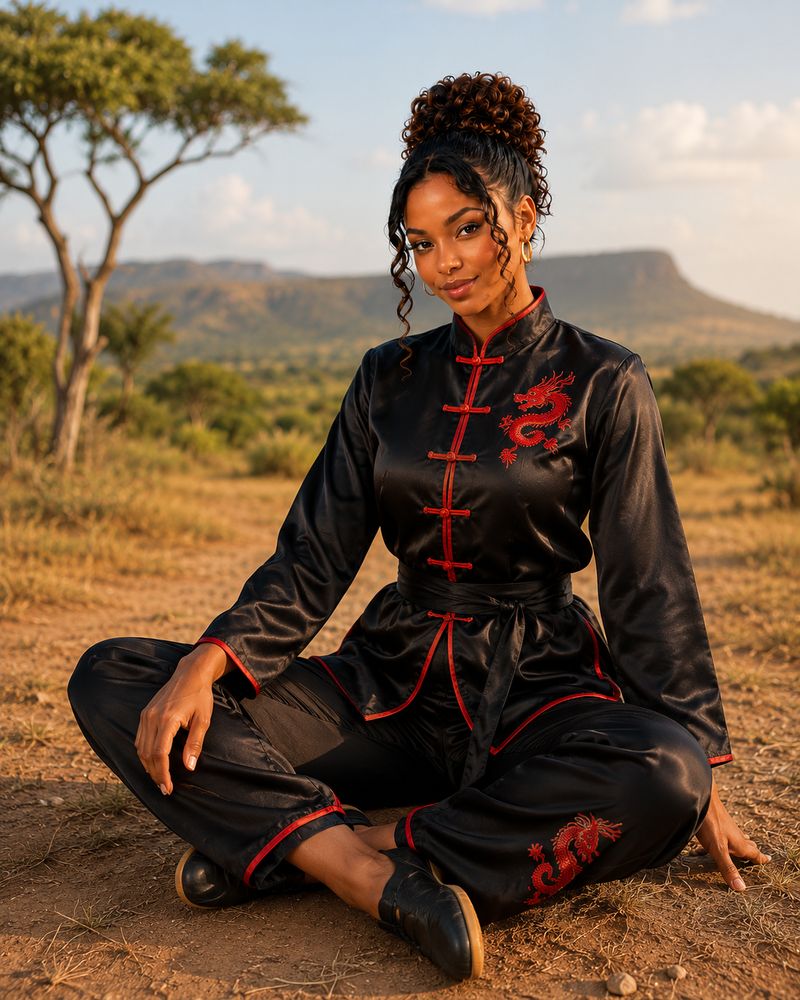 Portrait en tenue traditionnelle dans la savane généré par IA