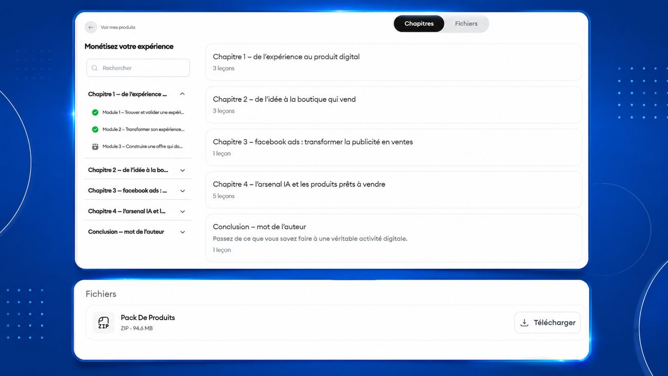Espace de formation avec les chapitres et les modules de la formation