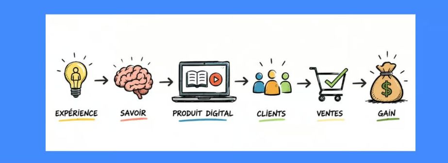 Schéma du parcours : expérience, savoir, produit digital, clients, ventes, gain