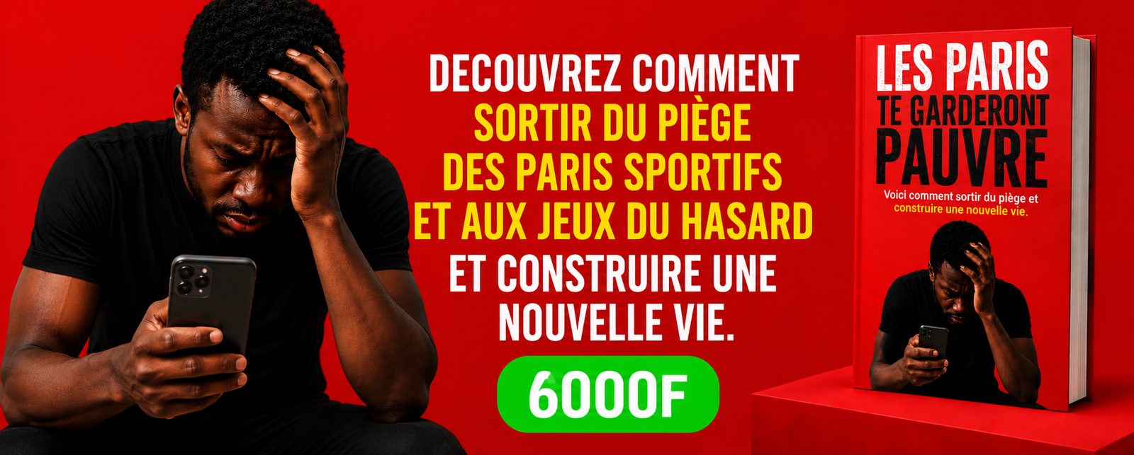Un homme découragé devant son téléphone, à côté du livre Les paris te garderont pauvre